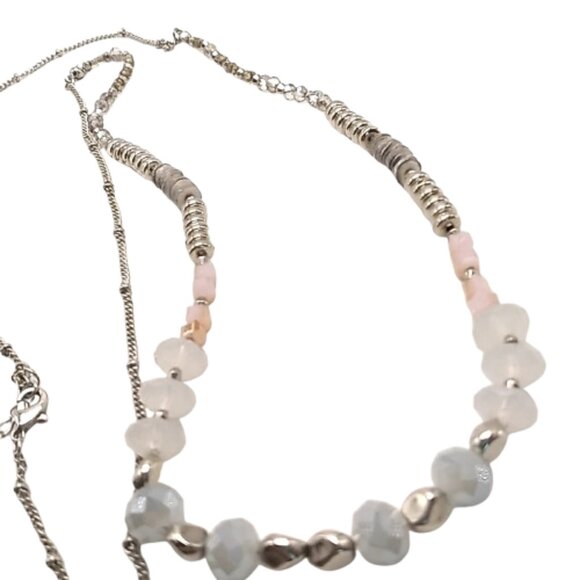 Long Beaded Necklace Pastel Colored Beads Silver-tone Delicate Beaded Chain - Picture 8 of 14